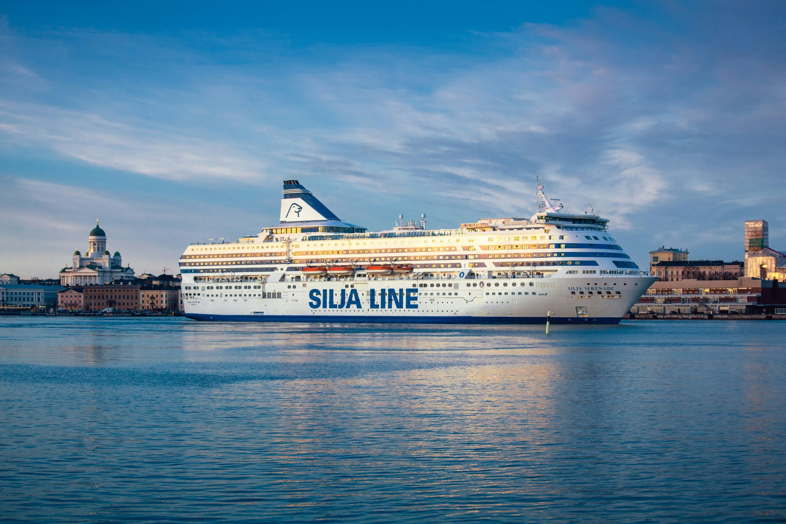 a huge blue and white ferry