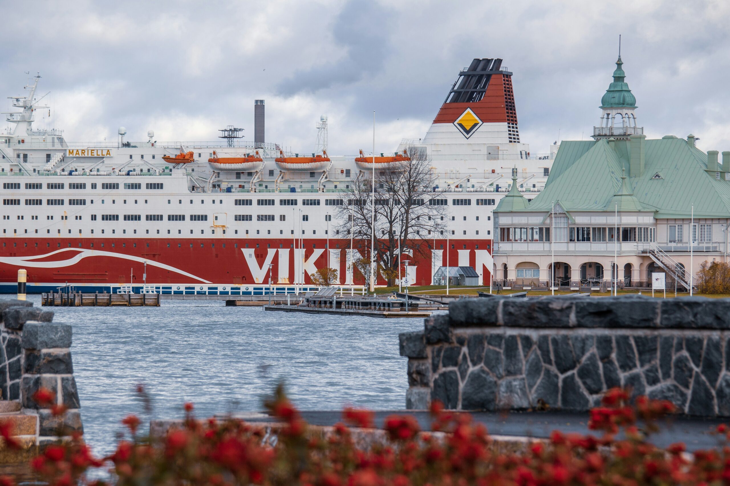 a huge red and white ferry