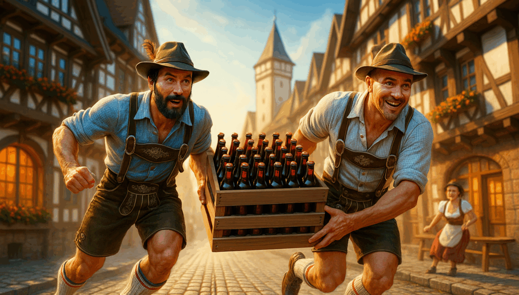 Kastenlauf run two guys in lederhosen with a crate of beer, running and drinking