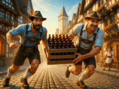 Kastenlauf: The Beer Run That Blends Fitness, Fun, and Fermentation two guys in lederhosen with a crate of beer, running and drinking