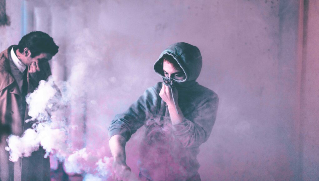 Toxic a pink cloud makes people holding their noses