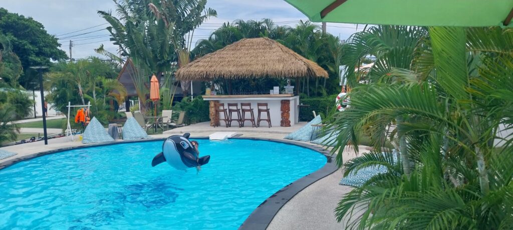 a blowup dolphin in a swimming pool
