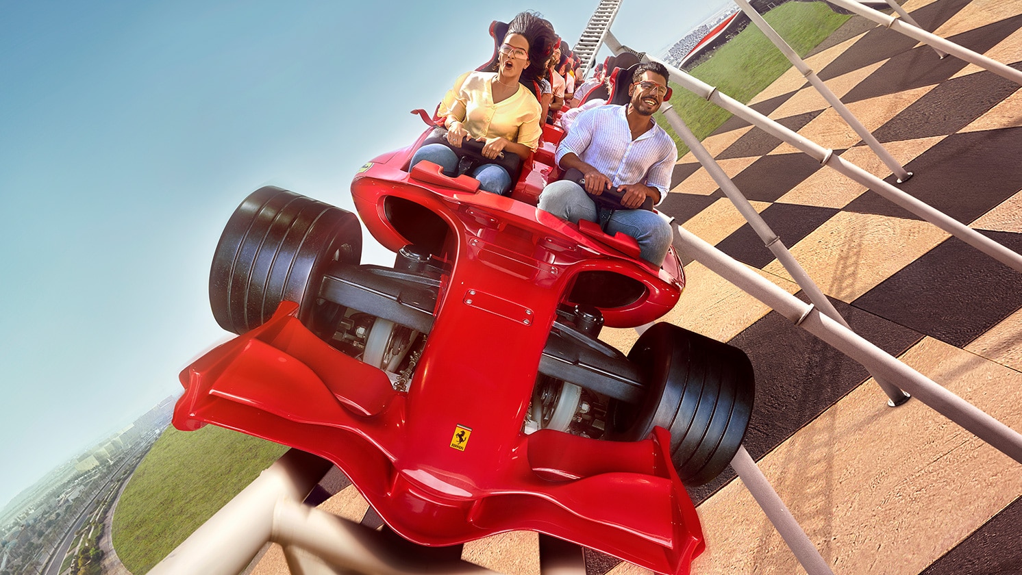 A red roller coaster car