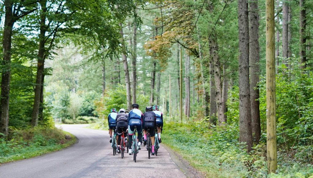 Challange people cycling in the forest