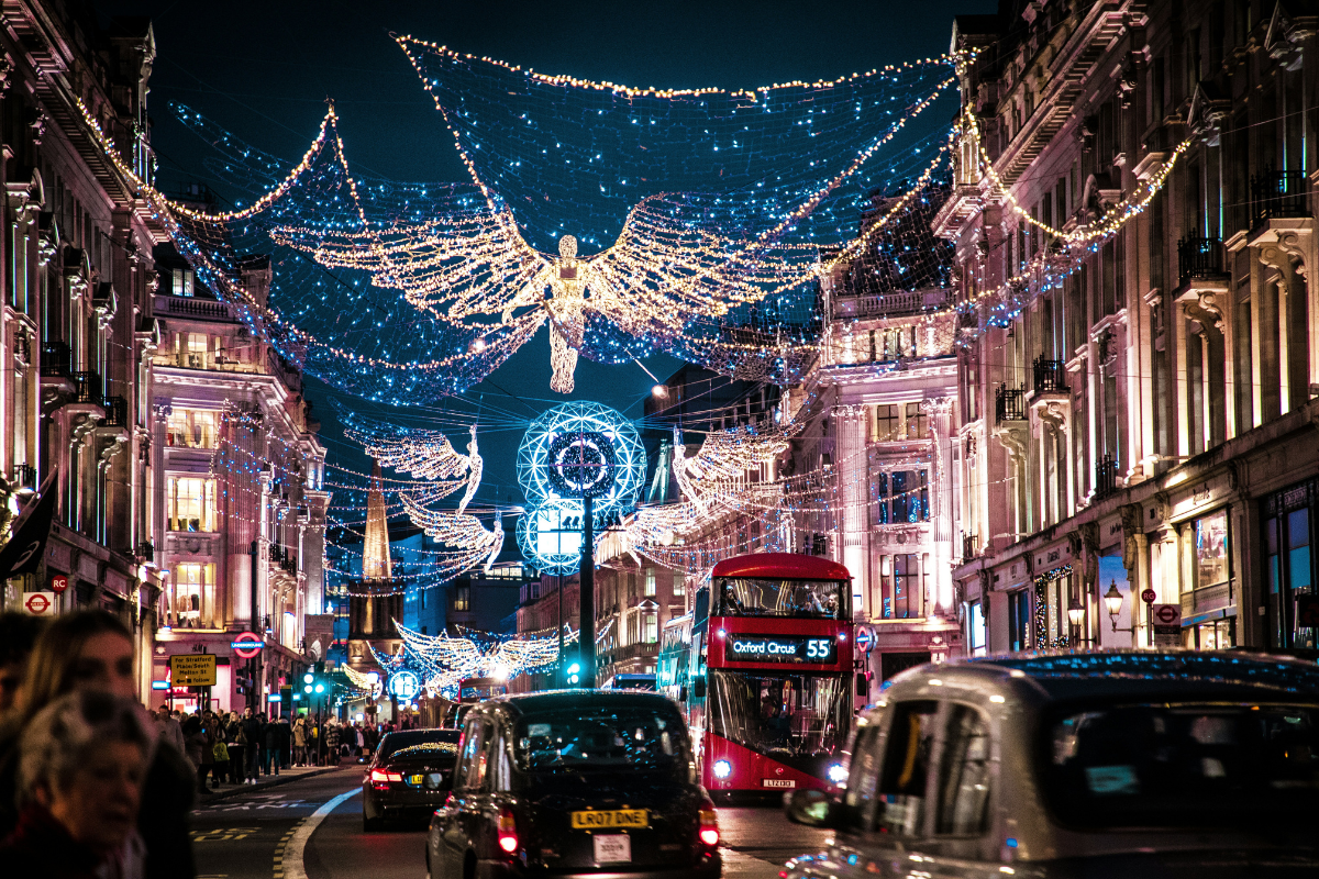 red london double decker bus at christmas