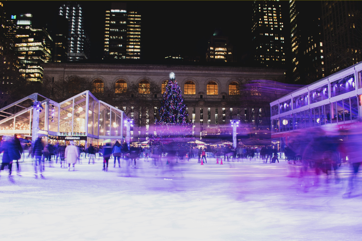 an ice rink with purple lights